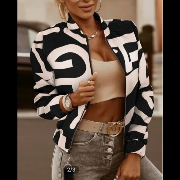 Letter print long sleeve zip up jacket. - Picture 3 of 6